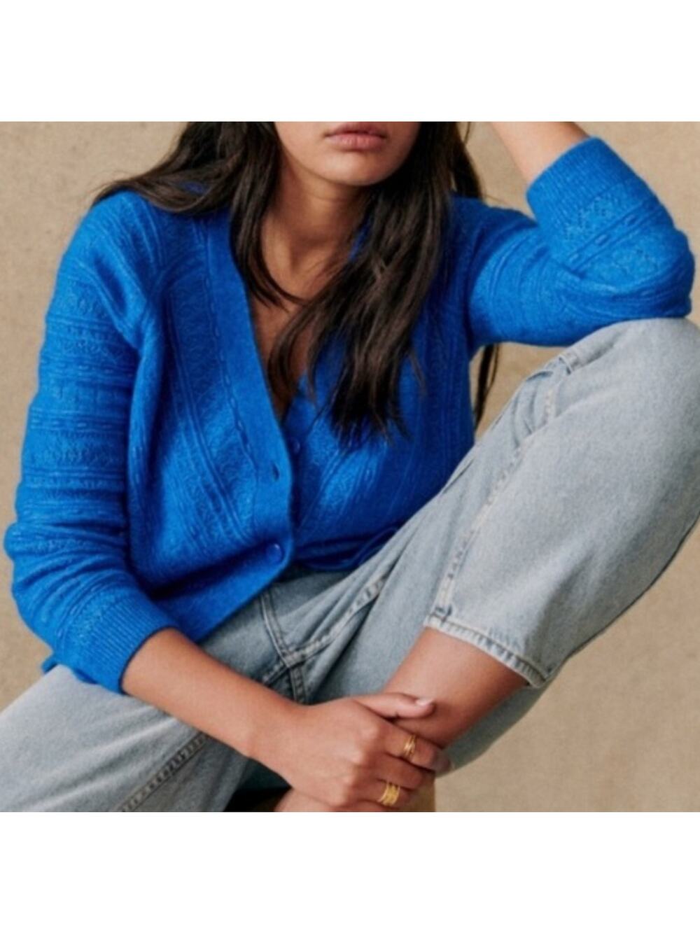 Sézane Gilet Eya Cardigan in Bleu Vif  Colbot Size XXL Mohair Wool EUC